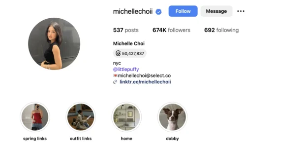 KOL Michelle Choi Instagram Profile with 674K Followers