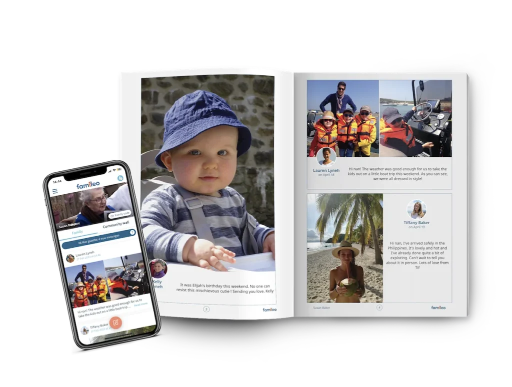 A flat lay image showing several printed copies of the Famileo gazette, a branded storage box, and a smartphone displaying the Famileo app.