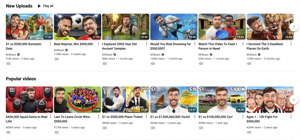 Thumbnails of MrBeast’s viral YouTube videos featuring extreme challenges and massive giveaways with MrBeast YouTube stats