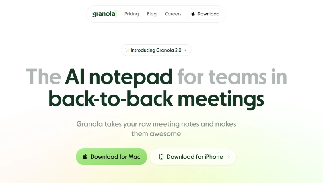 Screenshot of Granola AI's official homepage with branding and core features highlighted