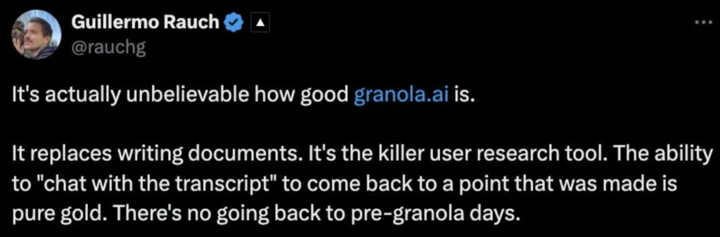 User review on Granola.ai praising its effectiveness and time-saving capabilities.