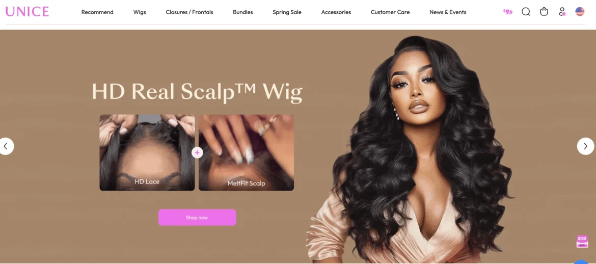 Unice Hair official website interface showcasing product range
