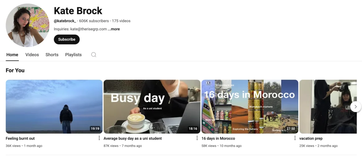 Screenshot of Kate Brock’s YouTube channel homepage with stylish thumbnails