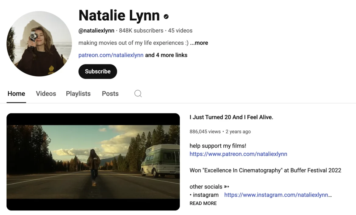 Natalie Lynn YouTube channel homepage showcasing cinematic van life videos and storytelling content