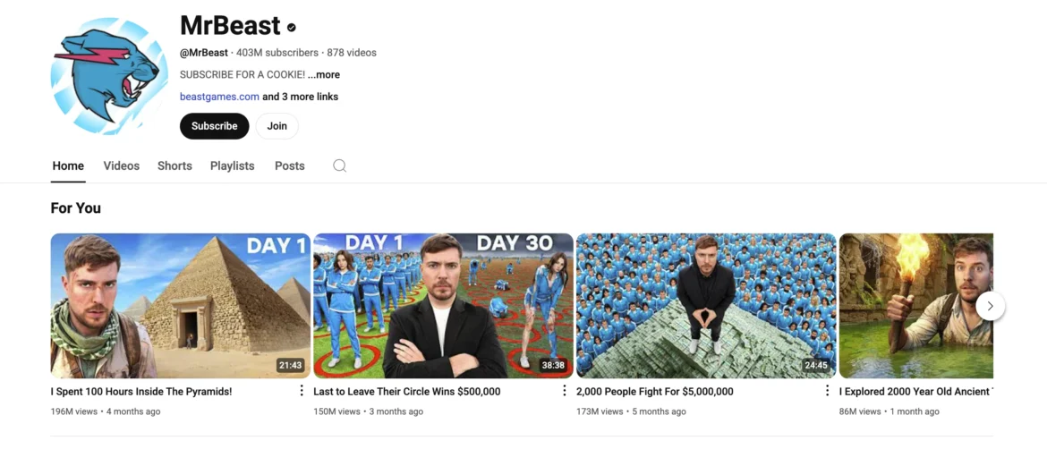 Screenshot of MrBeast's official YouTube channel with 400M+ subscribers and viral videos